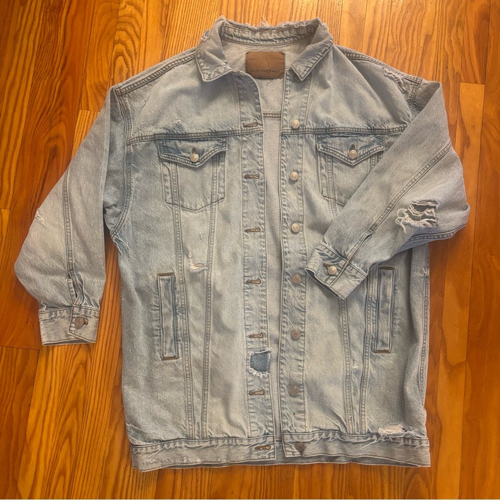 Relaxed Fit Light Wash Distressed Denim Jacket - Men’s L
